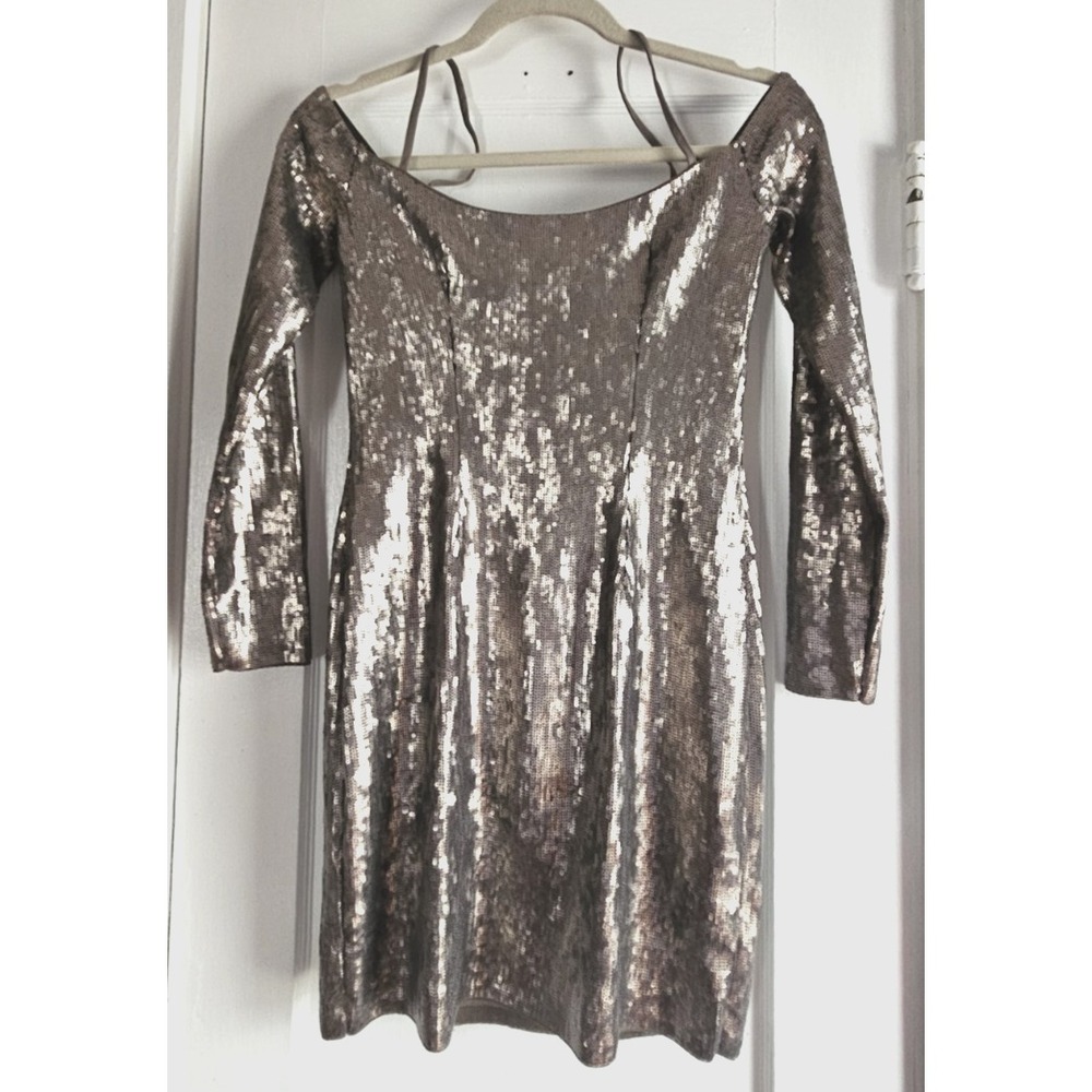 NWOT Express VOLCANIC ASH SEQUIN off the shoulder SHEATH dress copper woman Sz S